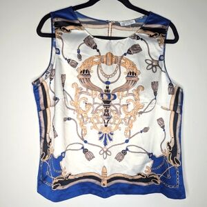 Tahari Printed Blouse White Blue Large Petite